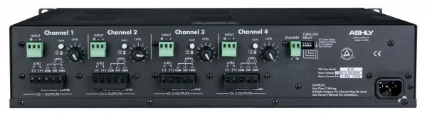Rackmount 4-Channel Power Amplifier with 70V/100V Transformer - 40 Watts per Channel at 8 Ohms