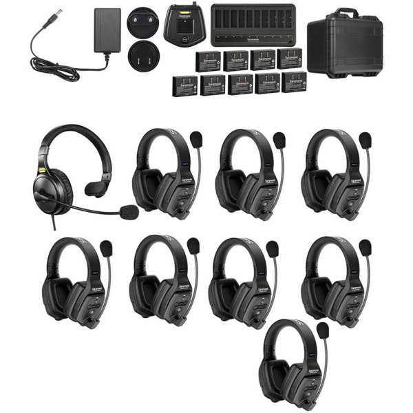 9-Person Full-Duplex Wireless Intercom System with Dual-Ear Remote Headsets (1.9 GHz)