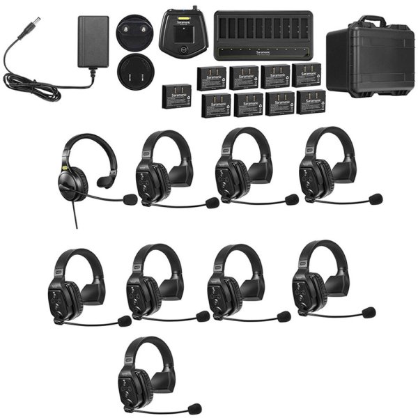 9-Person Full-Duplex Wireless Intercom System with Single-Ear Remote Headsets (1.9 GHz)